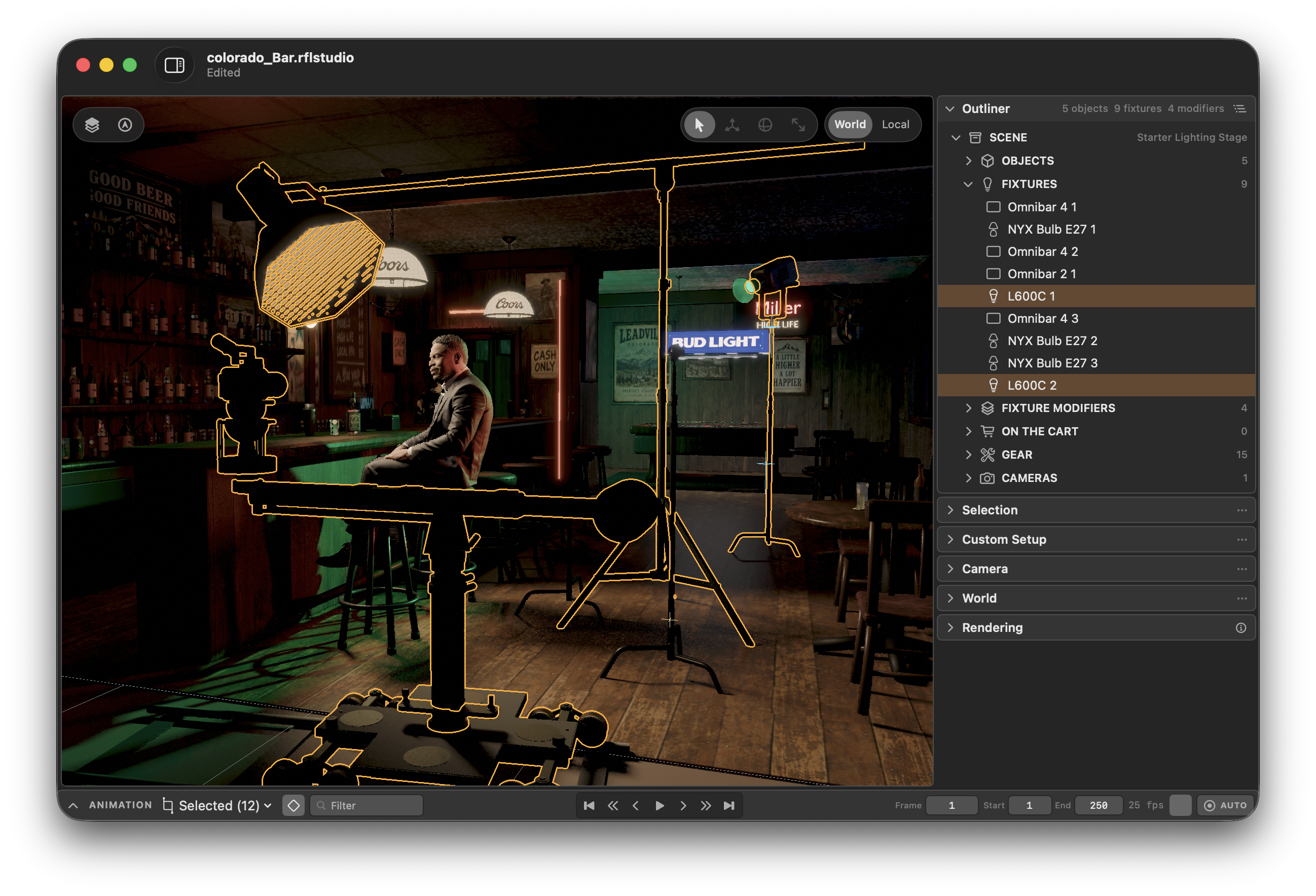 CineTwin bar scene with selected lighting rigs and a camera dolly around a seated subject
