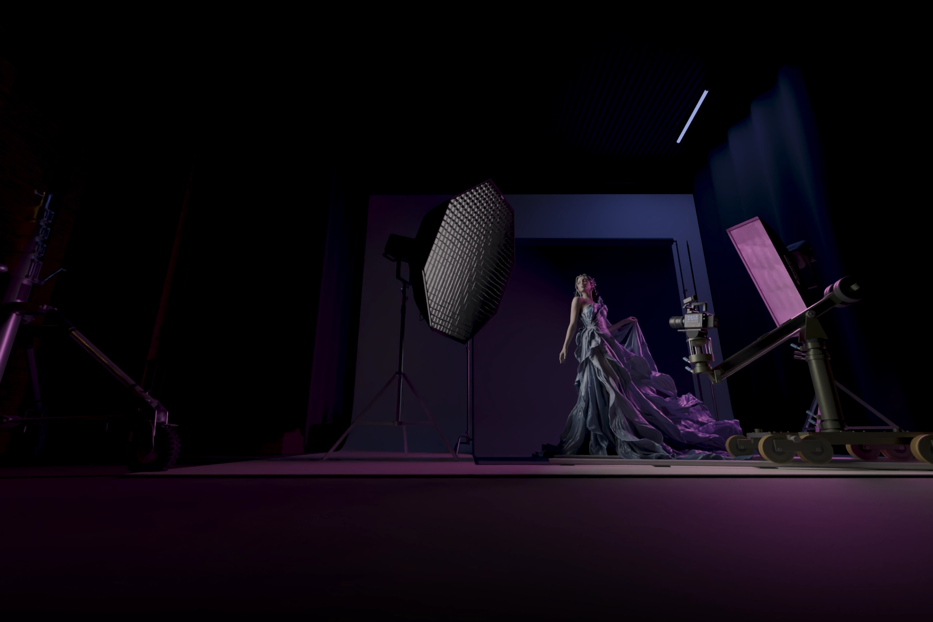 A studio lighting setup with softboxes, a camera dolly and a model in a flowing dress
