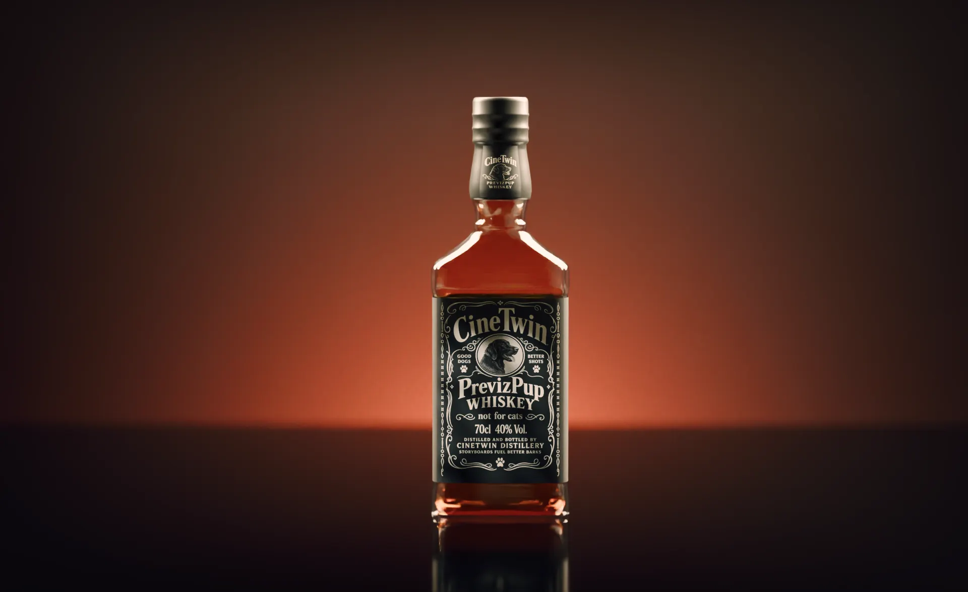 Rendered result of the bottle setup: CineTwin PrevizPup whiskey against a warm orange background with a reflection on the dark surface